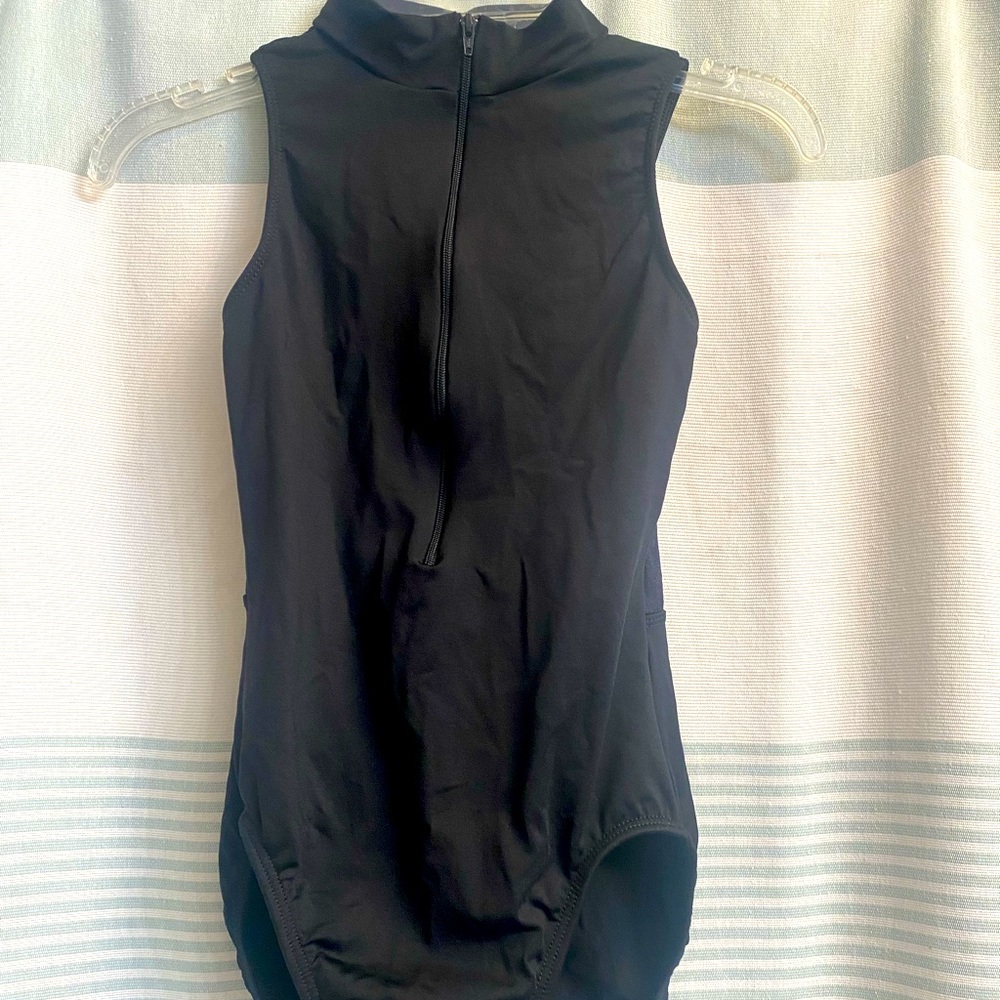 Natalie black mock neck mesh designed dance leotard Size adult XS.